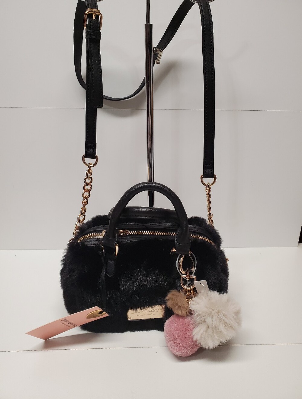 Juicy Couture Black Faux Fur Dreamy Divas Mini Satchel with Pom-Pom Charm